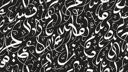 A captivating seamless pattern of abstract Arabic calligraphy, featuring interwoven white letters and characters on a solid black background for a modern look.