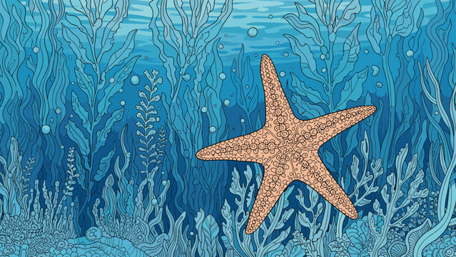 Vibrant underwater scene featuring a large orange starfish resting on the ocean floor amidst blue seaweed and corals.