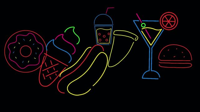 Colorful Fast Food Line Animation on Black Background &ndash; Vector Stroke Burger, Pizza, Juice, Ice Cream, Hot Dog, Hot Wings and Mint Lemon Matcha