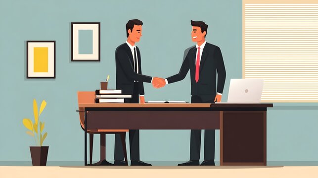 Businessman signing contract while another businessman offers handshake, partnership concept