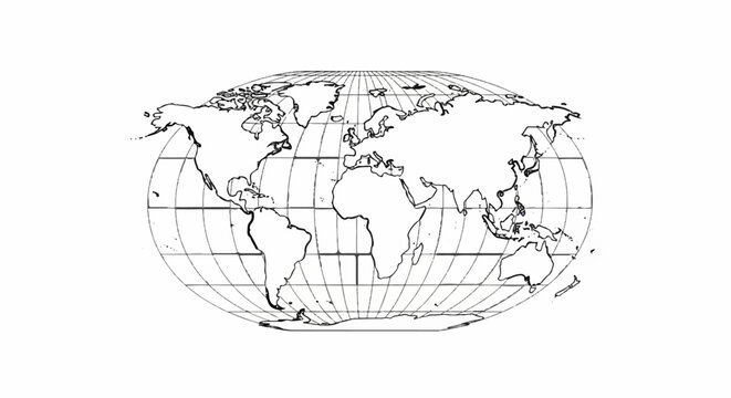 A black and white line drawing of the Earth on a Mercator projection