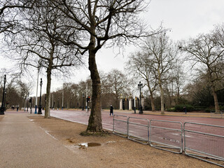 Naklejka premium People walk along a tree lined street in London park with scattered barriers and bare trees