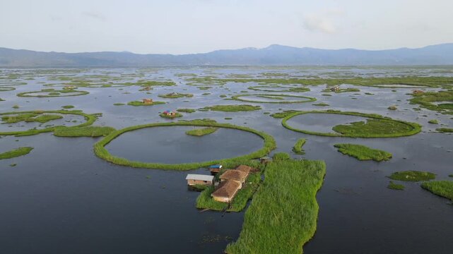 Aerial View of Loktak Lake Floating Islands Phumdis in Manipur India