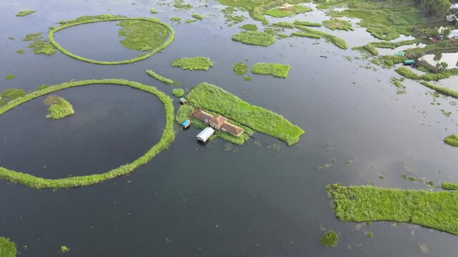 Aerial View of Loktak Lake Floating Islands Phumdis in Manipur India