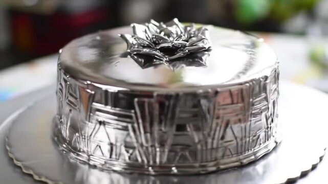 Elegant silver cake decorated with floral design and geometric pattern.