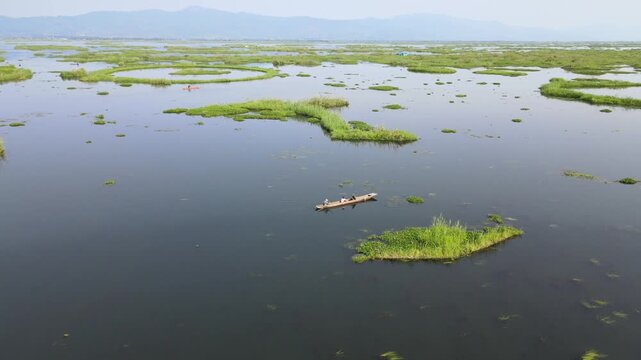 Aerial View of People Enjoying Boat Ride on Loktak Lake Manipur India