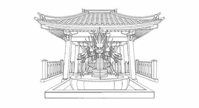 Ornate temple pavilion with a multi-headed dragon fountain in front