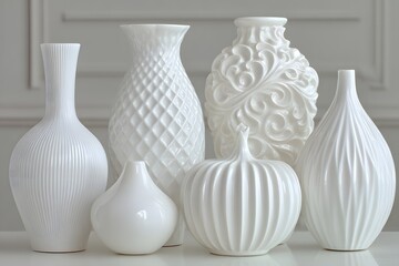 Elegant White Ceramic Vases with Unique Textured and Swirled Designs in Modern Interior Setting