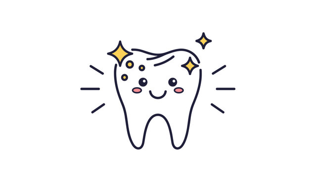 Cute and happy cartoon tooth character with a smiling face and sparkles illustrated in a simple colored line art style.