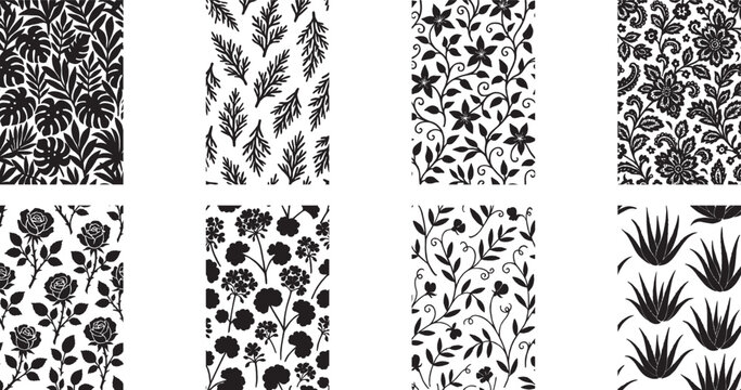 Tropical Leaves and Ornamental Floral Silhouette Set