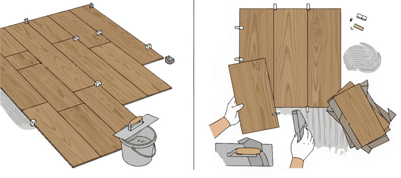 Illustrating the process of laying wood-like floor tiles with spacers and tools