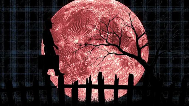 Silhouette figure stands against a large red moon and plaid sky.