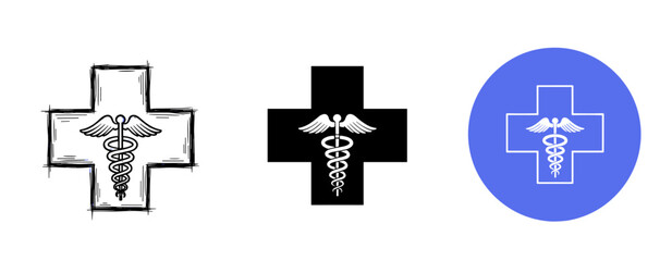 Obraz premium Medical symbols: black and white crosses with caduceus on various backgrounds