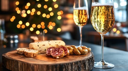 Obraz premium Festive Appetizer Platter with Sparkling Wine: Rustic Charm and Golden Hour Glow