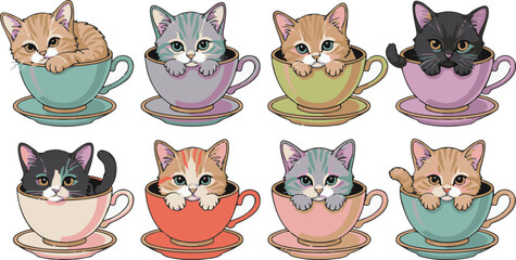 Cute cartoon kittens sitting in colorful teacups on saucers isolated on white background © Mahamuda