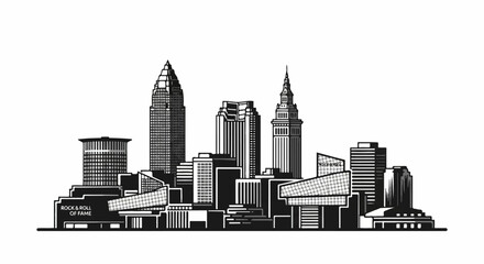 Monochrome graphic silhouette of a city skyline with distinctive architectural styles