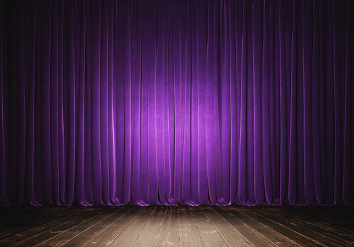 Empty theater stage with wood plank floor and closed purple curtains. 3D Rendering, 3D Illustration