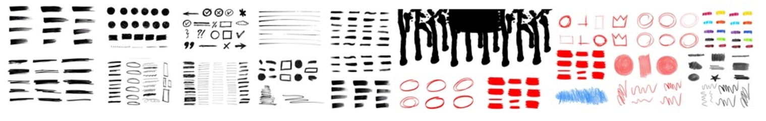 Hand drawn collection of different scribble lines and brush strokes.