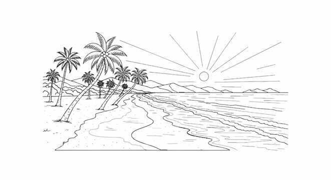 A sunlit tropical beach scene with palm trees and gentle waves