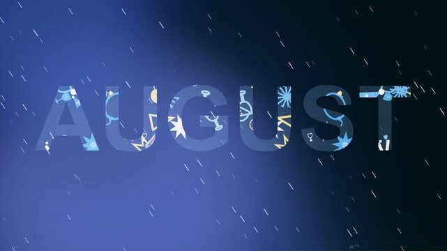 Stylized text 'AUGUST' with intricate snowflake patterns and falling particles on a dark blue gradient background, creating a cool and abstract visual.
