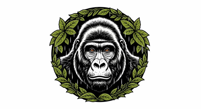 Fierce gorilla head framed by lush green leaves in an illustrative style