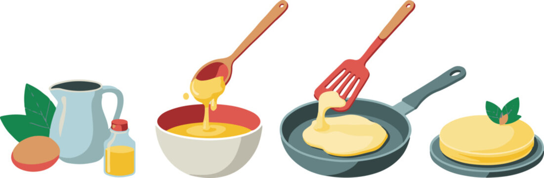 Making pancakes with eggs milk and oranges on white background