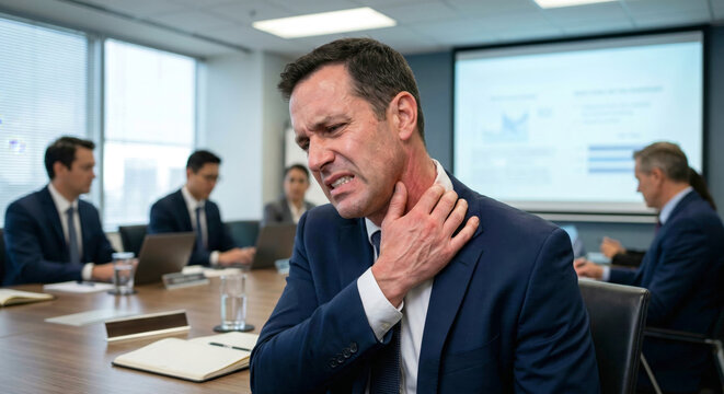 A businessman winces in pain, clutching his neck during a serious corporate meeting, suggesting stress or a medical issue.
