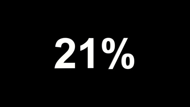 White twenty one percent symbol with subtle 3D effect on a solid black background representing data or a statistic