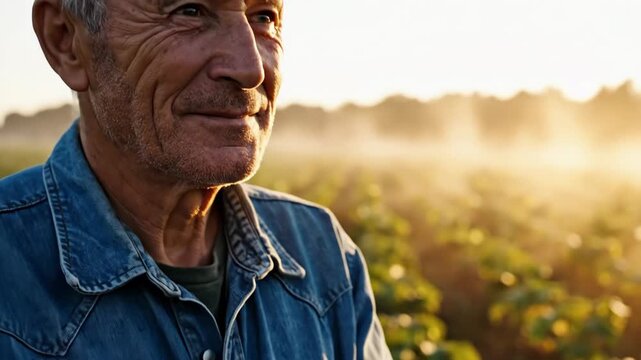 Farmer crumbling soil in field with hands. Older man examining dirt texture in agriculture landscape. Rural farming activity at sunset for soil quality assessment.