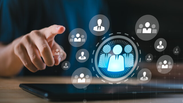 Business leaders and HR professionals connect teams, social interaction, strengthen collaboration networks, manage digital communication systems to enhance organizational efficiency and performance.