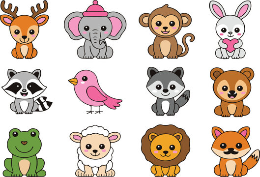Cute cartoon animals collection including deer elephant monkey rabbit raccoon bird bear frog sheep lion fox