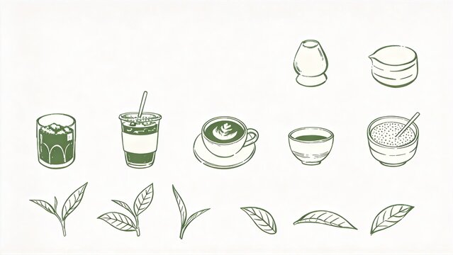Hand drawn sketch set of green tea ceremony matcha latte boba leaves and teapot on white background minimalist vector illustration for menu design,design,concept,creative