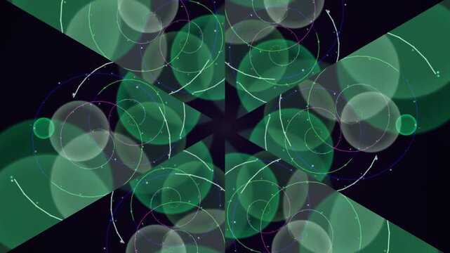 Motion graphics with green and white circles on a black background forming a radial pattern.
