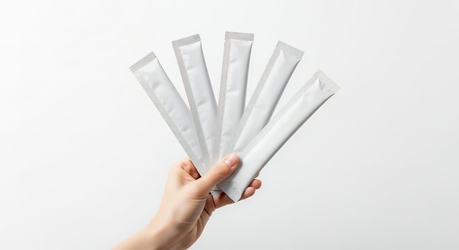 Hand holding five white stick packs against a clean background.