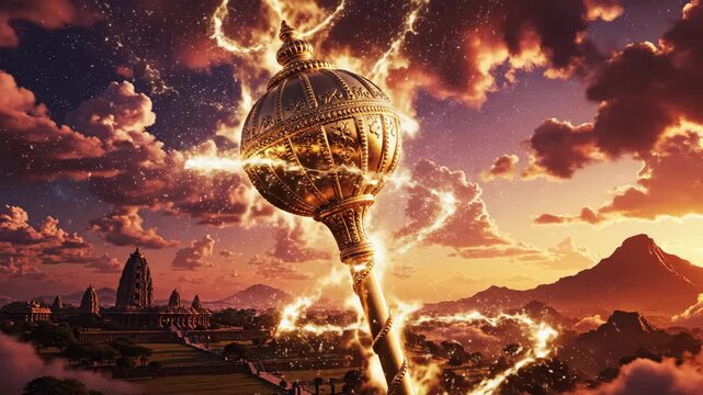 A majestic golden gada, symbolizing lord hanuman, radiates powerful energy amidst a fiery, dramatic sky, celebrating hanuman jayanti.