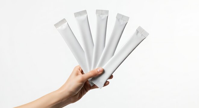 Hand holding multiple white stick sachets against a clean background.