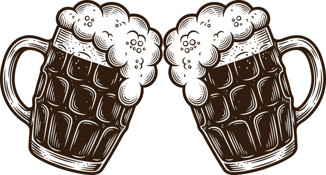 Two overflowing mugs of beer in a vintage engraved style illustration