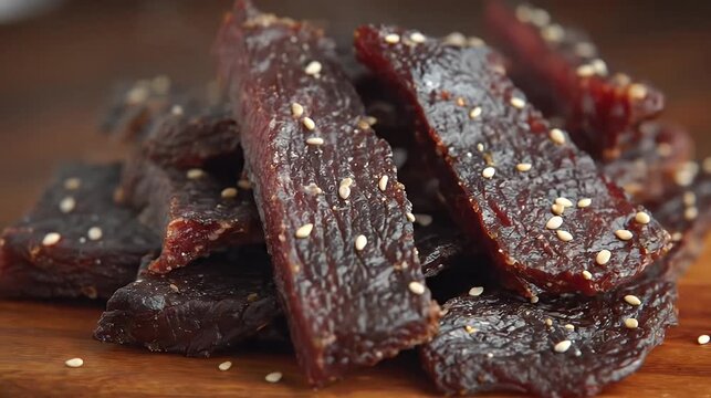 Close up of savory beef jerky slices sprinkled with sesame seeds rich dark colors and appealing textures on a wooden board