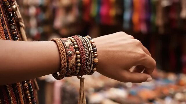 Close-up of a woman's arm adorned with layered bohemian-style bracelets made from various natural materials