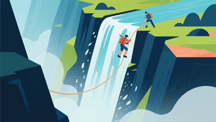 ilustrasi Petualang menuruni tebing di samping air terjun besar, percikan air dan kabut tipis, skala alam yang megah, suasana ekstrem dan berani.eps © BedRoses