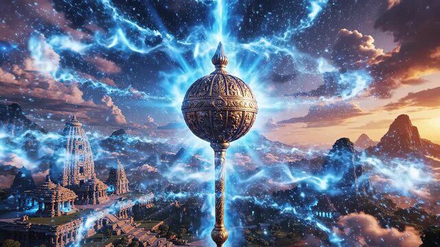 Hanuman's divine gada radiates powerful blue energy in a vibrant mythical landscape, celebrating his jayanti.