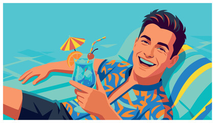 Fototapeta premium A cheerful young man in a colorful shirt relaxing by the pool on a summer vacation, holding a tropical blue cocktail.