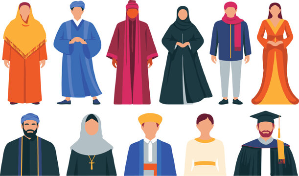 Diverse people wearing traditional and modern clothing from different cultures and religions standing together  global community and diversity concept