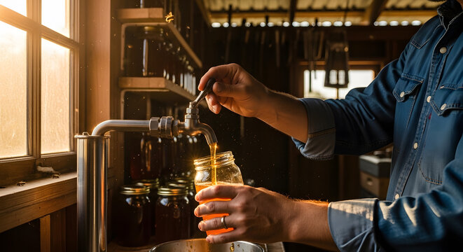 Man in denim shirt harvesting fresh honey from a stainless steel tank in a rustic workshop