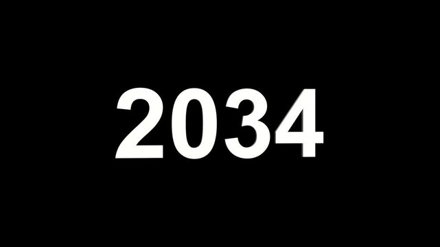 Bold white number 2034 with a soft shadow on a black background representing a year or a significant numerical value