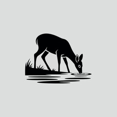 Fototapeta premium A deer drinking water from a pond surrounded by grassy vegetation Vector