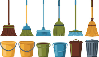 Cartoon cleaning tools and buckets on white background for housekeeping and organization © Mahamuda