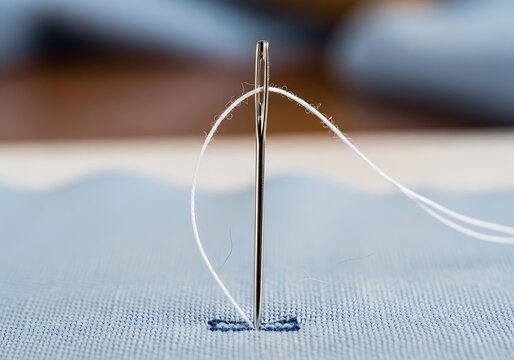 Close-up of a sewing needle with thread piercing a piece of fabric