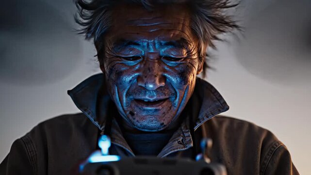 Elderly asian farmer nodding at drone overhead. Man in brown jacket acknowledging aerial technology. Sequence of rural worker interacting with modern farming innovation for crop monitoring.