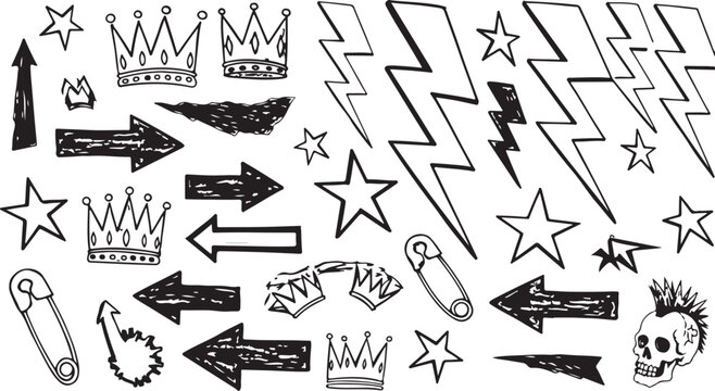 A collection of black hand-drawn punk rock symbols featuring lightning bolts, stars, crowns, safety pins, arrows, and a mohawk skull with distressed ink textures and spray paint effects.